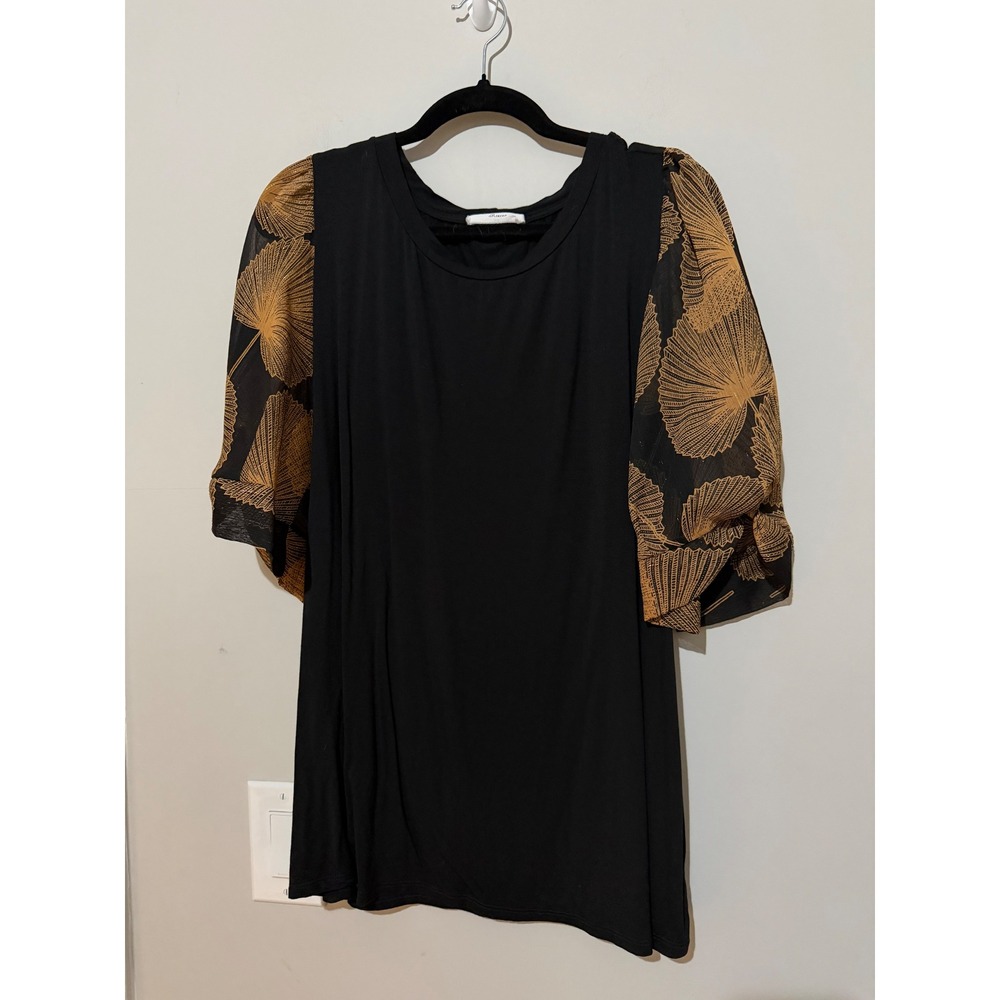 Beacon Apparel Black Sheer Leaf Print Puff Sleeve Top Plus Size‎ 2X